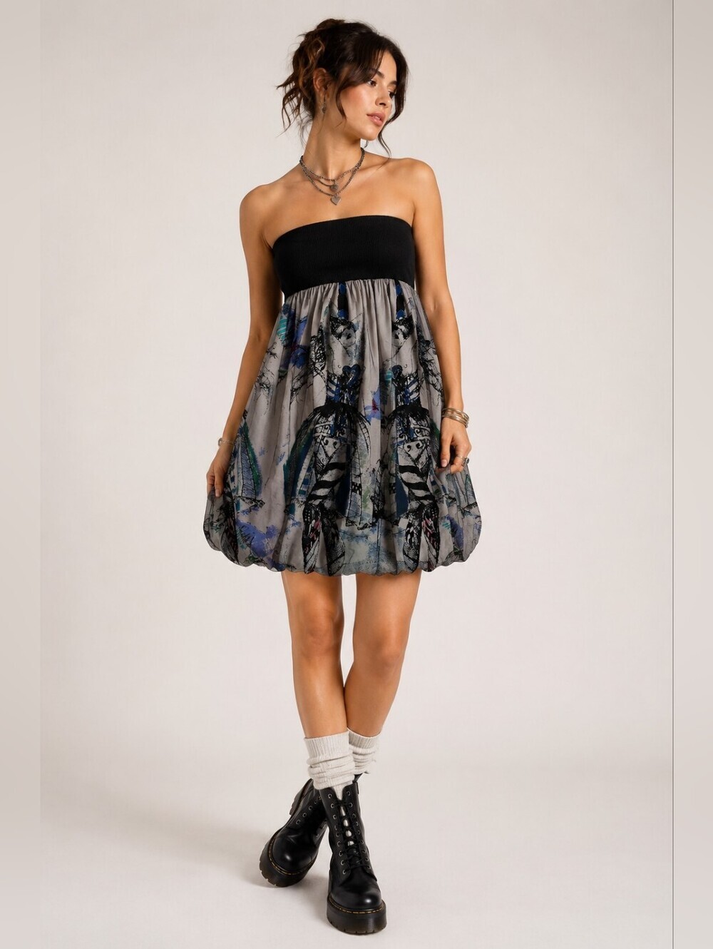 Nuvula Mesh Bubble Skirt Strapless Dress Artsy Balletcore Print M